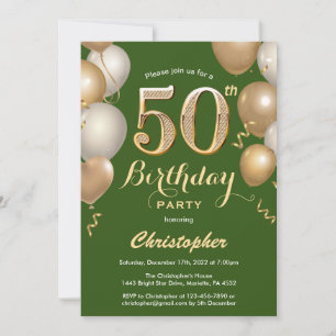Invitation 50e anniversaire Ballons verts et or Confetti
