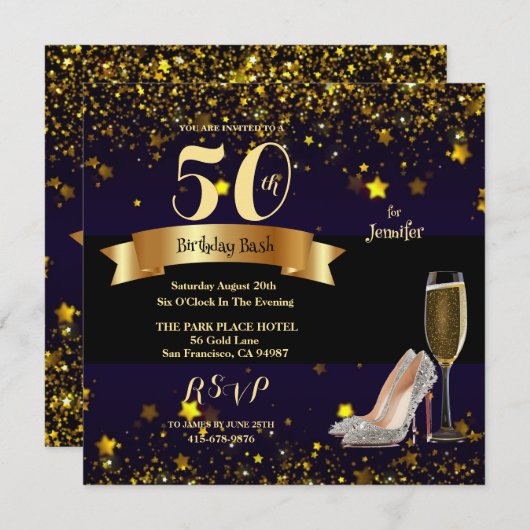 Invitation 50e anniversaire Bash Gold Stars Champagne Invitat (Devant / Derrière)
