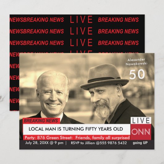 Invitation 50e anniversaire Biden Mens Funny TV News Invitati (Devant / Derrière)