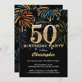 Invitation 50e anniversaire Black and Gold Rainbow Fireworks (Devant / Derrière)
