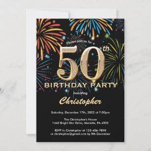 Invitation 50e anniversaire Black and Gold Rainbow Fireworks