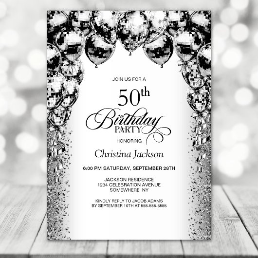 Invitation 50e anniversaire Black and White Balloons Party