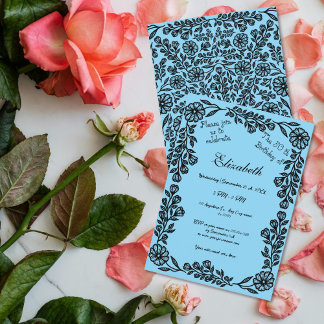 Invitation 50e anniversaire Black & Blue Botanical Floral