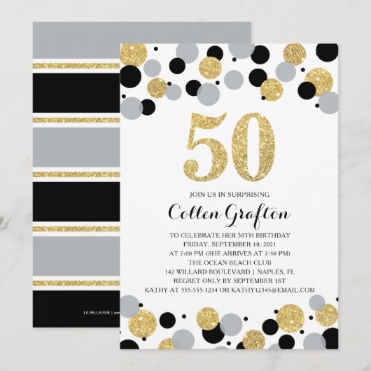 Invitation 50e anniversaire Black Gold Gris Parties scintilla (Devant / Derrière)