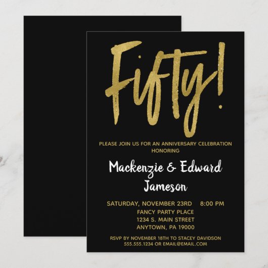 Invitation 50e anniversaire Black Gold Script (Devant / Derrière)