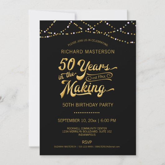 Invitation 50e anniversaire Black Gold String lumières (Devant)