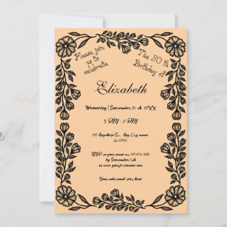 Invitation 50e anniversaire Black & Peach Botanical Floral