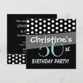 Invitation 50e anniversaire Black White Aqua Pois Metallic (Devant / Derrière)