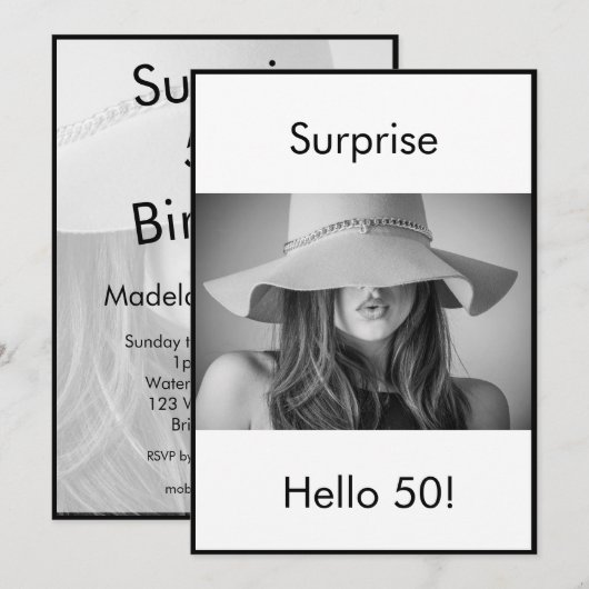 Invitation 50e anniversaire Black White Photo Surprise Elégan (Devant / Derrière)