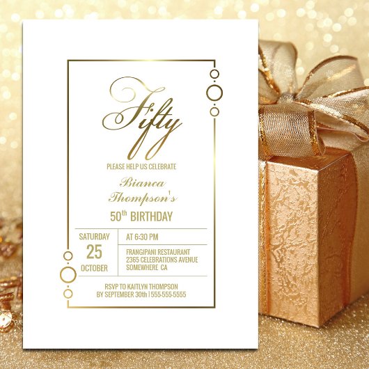 Invitation 50e anniversaire Blanc avec Gold Frame Party