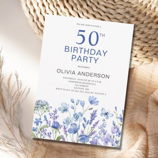 Invitation 50e anniversaire Bleu Floral Botanique