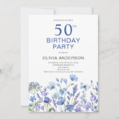 Invitation 50e anniversaire Bleu Floral Botanique (Devant)