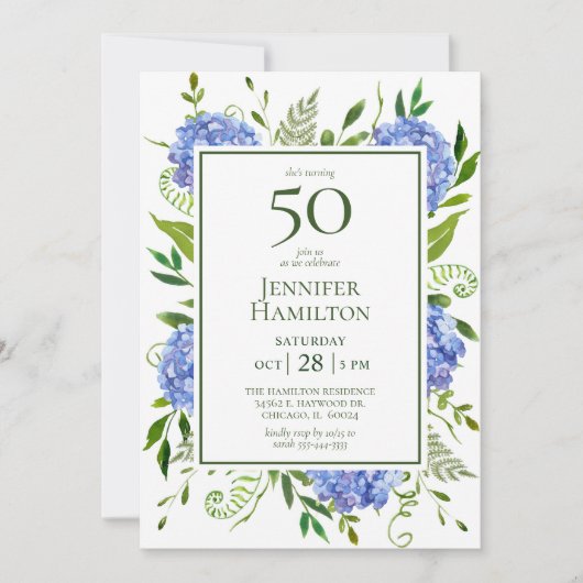 Invitation 50e anniversaire Blue Hydrangeas (Devant)