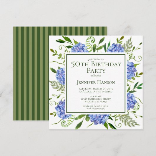 Invitation 50e anniversaire Blue Hydrangeas Floral Aquarelle (Devant / Derrière)
