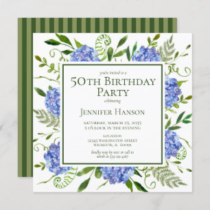 Invitation 50e anniversaire Blue Hydrangeas Floral Aquarelle