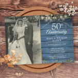 Invitation 50e anniversaire Blue Rustic Gold Hearts Photo<br><div class="desc">Doté de lampes à cordes et de délicats coeurs d'amour dorés confettis sur un arrière - plan en bois bleu rustique. Personnalisez avec votre photo mariage préférée et vos détails spéciaux de célébration du 50e anniversaire de mariage d'or en typographie chic. Conçu par Thisisnotme©</div>