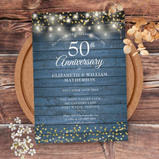 Invitation 50e Anniversaire Bois Rustique Bleu Cœurs Dorés