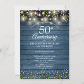 Invitation 50e Anniversaire Bois Rustique Bleu Cœurs Dorés (Devant)