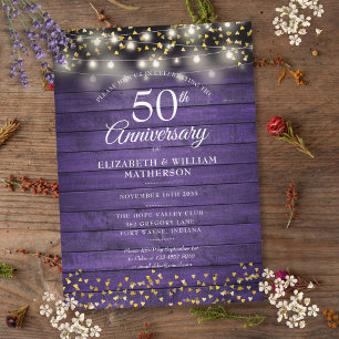 Invitation 50e Anniversaire Bois Rustique Violet Cœurs Dorés