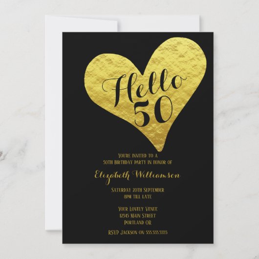 Invitation 50e anniversaire Bonjour 50 Noir | Coeur Or Faux (Devant)