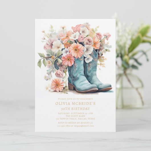 Invitation 50e anniversaire Bottes rustiques de fille à seins (Debout devant)