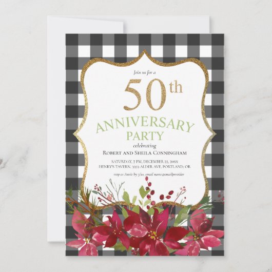 Invitation 50e anniversaire Buffalo à carreaux floral rouge f (Devant)
