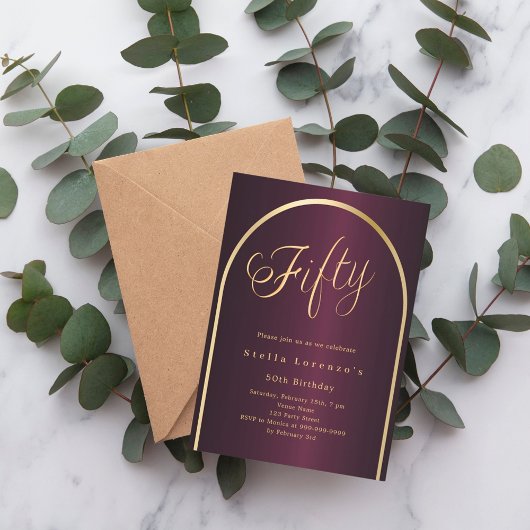 Invitation 50e anniversaire burgundy or arch script luxe