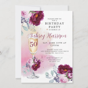 Invitation 50e anniversaire Champagne Verre Floral Anniversai