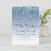Invitation 50e Anniversaire Chic Paillettes Bleu (Debout devant)