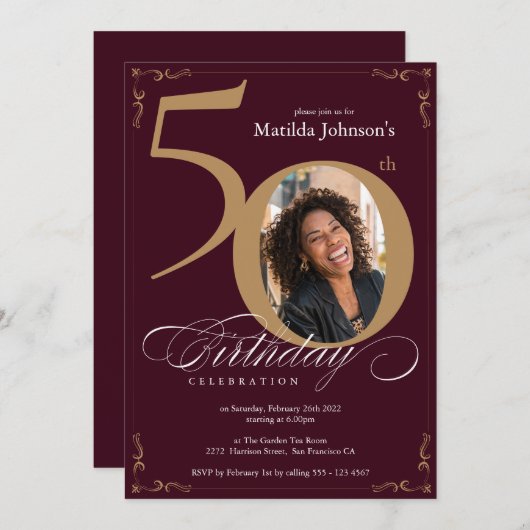 Invitation 50e anniversaire Classy Bourgogne Gold Photo perso (Devant / Derrière)
