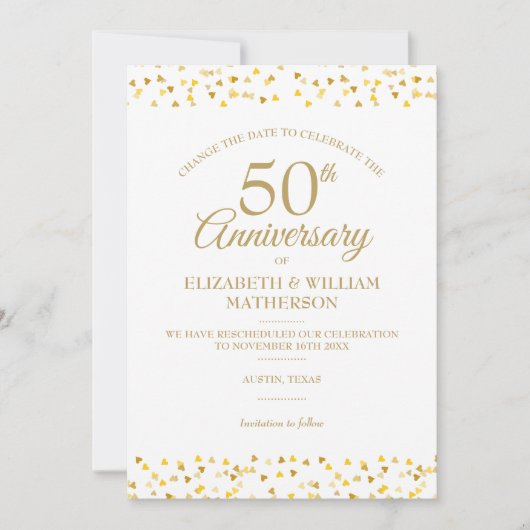 Invitation 50e anniversaire Cœurs d'or changer la date (Devant)