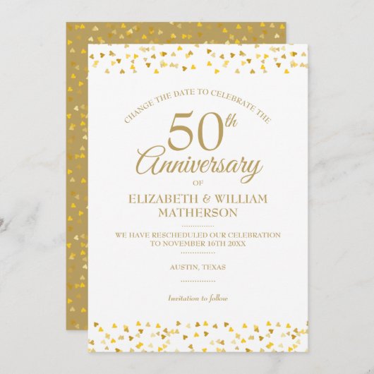 Invitation 50e Anniversaire Cœurs Dorés Changer la Date (Devant / Derrière)