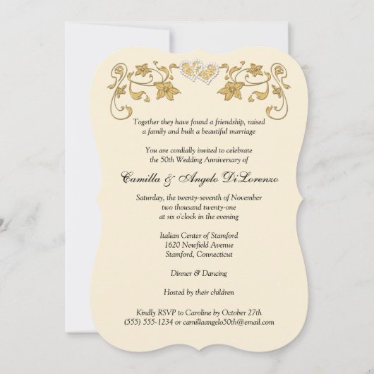 Invitation 50e Anniversaire Coeurs joints, Or d'ivoire noir (Dos)