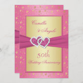 Invitation 50e Anniversaire Cœurs Unis Rose et Or (Devant / Derrière)