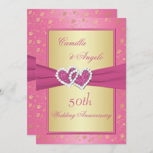 Invitation 50e Anniversaire Cœurs Unis Rose et Or (Devant / Derrière)
