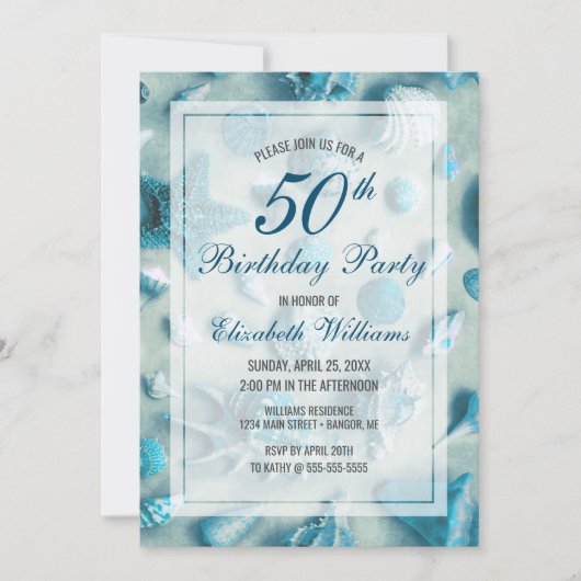 Invitation 50e anniversaire Coquillages côtiers Turquoise (Devant)