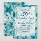 Invitation 50e anniversaire Coquillages côtiers Turquoise (Devant / Derrière)
