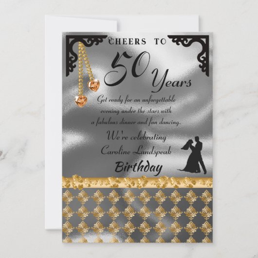 Invitation 50e Anniversaire Dance Party Argent Foil Orange He (Devant)