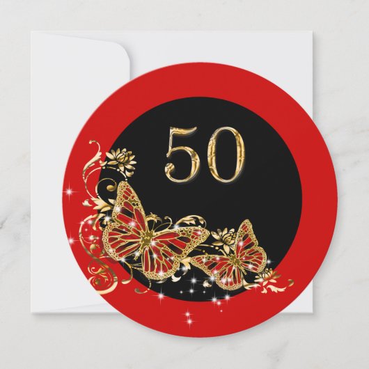 Invitation 50e anniversaire de femme | papillons or rouge (Devant)