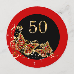 Invitation 50e anniversaire de femme papillons or rouge