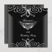Invitation 50e anniversaire de fête élégante Noir Argent Art (Devant / Derrière)