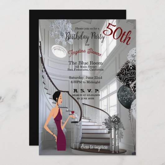 Invitation 50e anniversaire de fête femmes escalier élégant (Devant / Derrière)