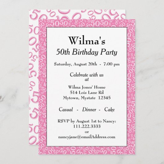 Invitation 50e anniversaire de fête rose/blanc Motif numériqu (Devant / Derrière)