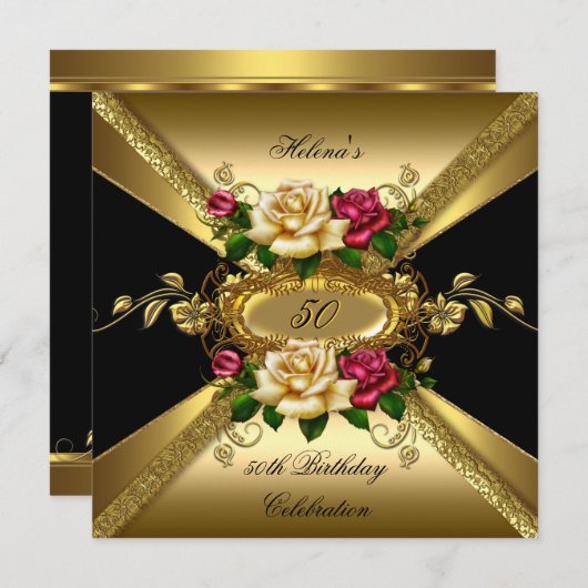 Invitation 50e anniversaire de fête Roses Red Cream Gold (Devant / Derrière)