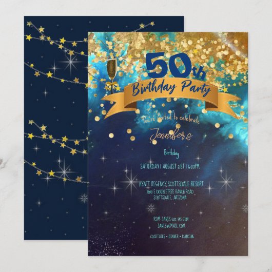 Invitation 50e Anniversaire de la fête Blue Gold Sparkles Cla (Devant / Derrière)