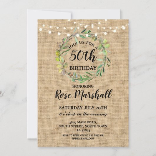 Invitation 50e anniversaire de la fête Burlap Vert Wreath Inv (Devant)