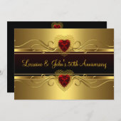 Invitation 50e Anniversaire de la fête d'or noir Coeur rouge (Devant / Derrière)