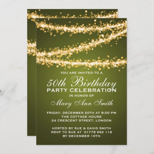 Invitation 50e Anniversaire de la fête Gold String Vert (Devant / Derrière)