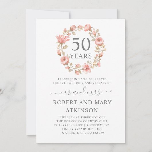 Invitation 50e anniversaire de la floraison rose Mariage (Devant)
