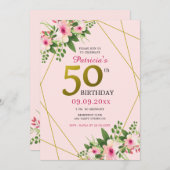 Invitation 50e anniversaire de la florale moderne rose et or (Devant / Derrière)